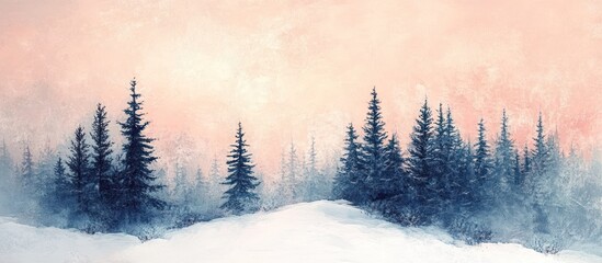 A picturesque winter landscape featuring a snow-covered forest with tall pine trees silhouetted against a soft pink sunrise.