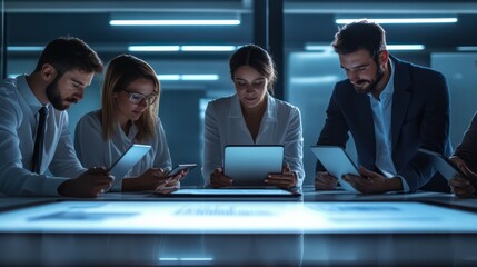 business team with tablets, professionals collaborating through digital tools and tablets in a sleek office environment illustrations