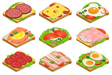 Isometric Baguette sandwich, hamburger with cheese and sauce, bagel with fish or chicken, ham, and salmon, featuring a breads. Illustrated food items for a restaurant menu, colorful breakfast graphics