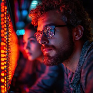 Man with beard and glasses looking at the screen
