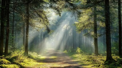 Sunbeams shining through the tall trees of a serene forest, casting soft light on the ground, symbolizing the peaceful beauty of nature