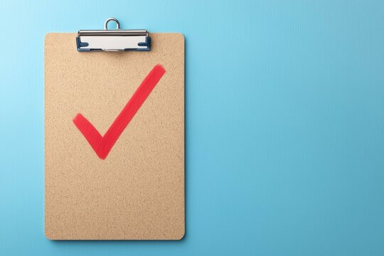 Clipboard with a check mark on a blue background, symbolizing approval and success.