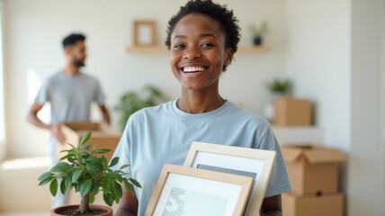 Happy woman unpacking in a new apartment, holding a box with a plant and photo frames.