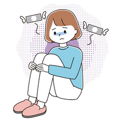 お金に悩み、三角座りで青ざめた表情の女性のイラスト