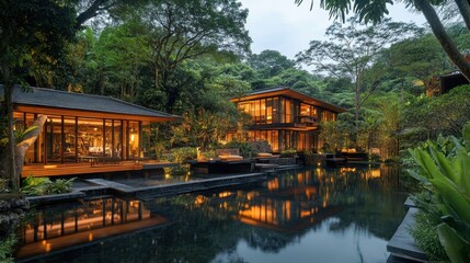 Fototapeta premium Reflective pool, two houses, lush green foliage.