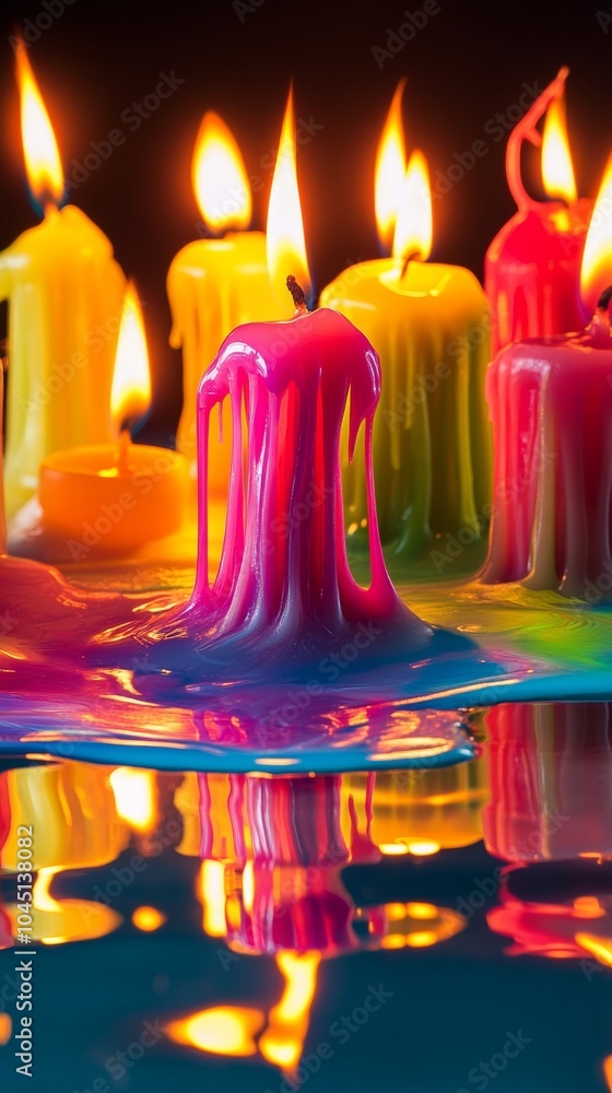 Wall mural Colorful candles melting and reflecting in water