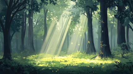 Fototapeta premium A peaceful forest scene with sunbeams breaking through tall trees, casting soft, warm light on the tranquil forest floor