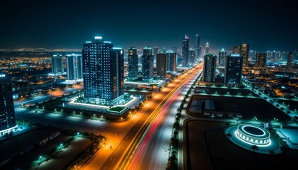  Vibrant cityscape at night illuminated by lights and neon