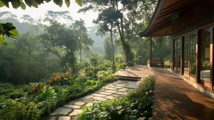Wooden house with stone path in jungle.