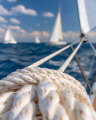 Obraz premium A white sail of a boat in the foreground, with details of ropes and metal rings. In the background, the blue sea stretches to the horizon. The sky is partly cloudy, with some scattered clouds.