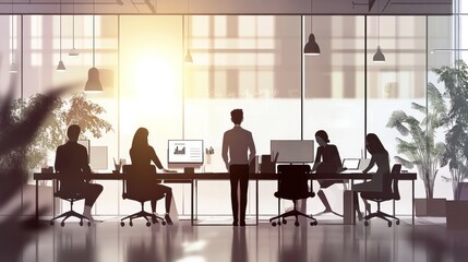 Fototapeta premium office teamwork, business team working together on tasks and projects in a well-lit office illustrations