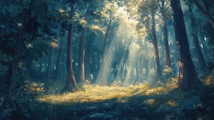 Obraz premium A tranquil forest with sunbeams filtering through the trees, casting soft light on the forest floor, symbolizing peace and natural beauty