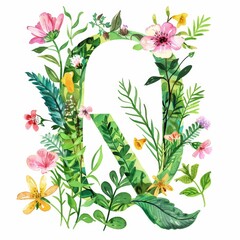 Watercolor Alphabet Letter Q with Leaves and Flowers. Summer Ornament. Exotic Floral ABC Card. Birthday, Vintage Wedding Poster Font.  Initial Monogram Q Painted in Watercolour Isolated on White.