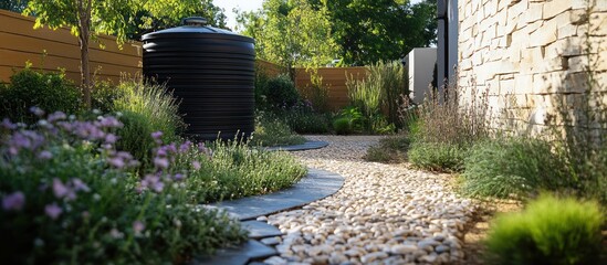 Naklejka premium A winding gravel pathway leads through a lush garden with a black water tank and a stone wall.