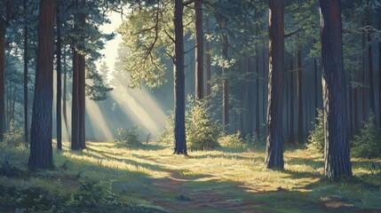 Fototapeta premium Soft sunbeams filtering through tall trees in a peaceful forest, casting gentle light on the forest floor, representing nature's calm