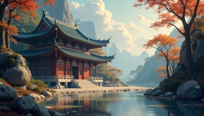 Obraz premium Ethereal East Asian Temple by a Mountain Stream