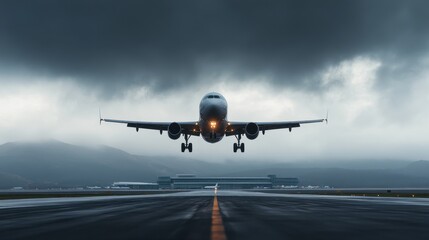 Airplane Taking Off at Airport Terminal Under Cloudy Sky
