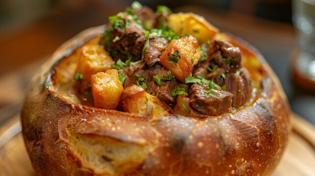 A glimpse of the special of the day featuring a hearty beef stew served in a bread bowl.