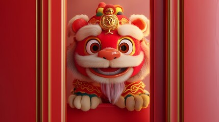 Obraz premium Traditional Chinese cute 3d lion head illustration poster background