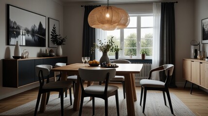 Modern dining room with large windows, wooden table, chairs, and a unique pendant light.