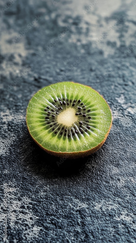 Poster close up of a kiwi fruit sliced in half showing seeds on a slate background