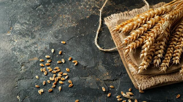 A bundle of wheat sits on a burlap napkin, surrounded by loose grains on a dark surface