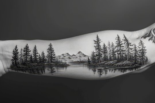 A full-sleeve tattoo depicting a forest scene with trees, mountains, and wildlife.