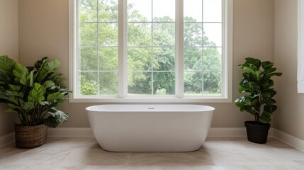 Bright Bathroom with Large Windows and Soaking Tub