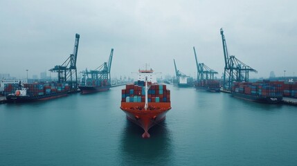 Fototapeta premium Cargo Ship Guided into Harbor by Tugboats