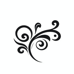 A black floral or leaf-like decorative design with curving lines and swirls