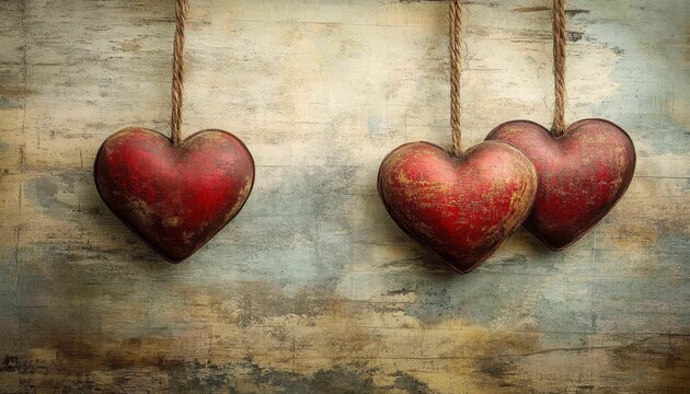 Three rustic hearts on a textured wall, adding an emotional touch