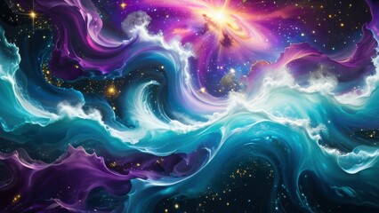 Obraz premium A mesmerizing cosmic swirl of vibrant purples, blues, and turquoise, resembling a galaxy or nebula, set against a starry space backdrop, creating a dynamic and ethereal feel