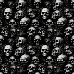 Skulls and bones in artistic layouts, macabre yet stylish, black and white with subtle highlights.  Background, seamless pattern.