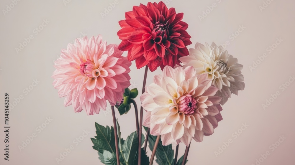 Poster Bouquet of pastel pink and red dahlias blooming on pink background