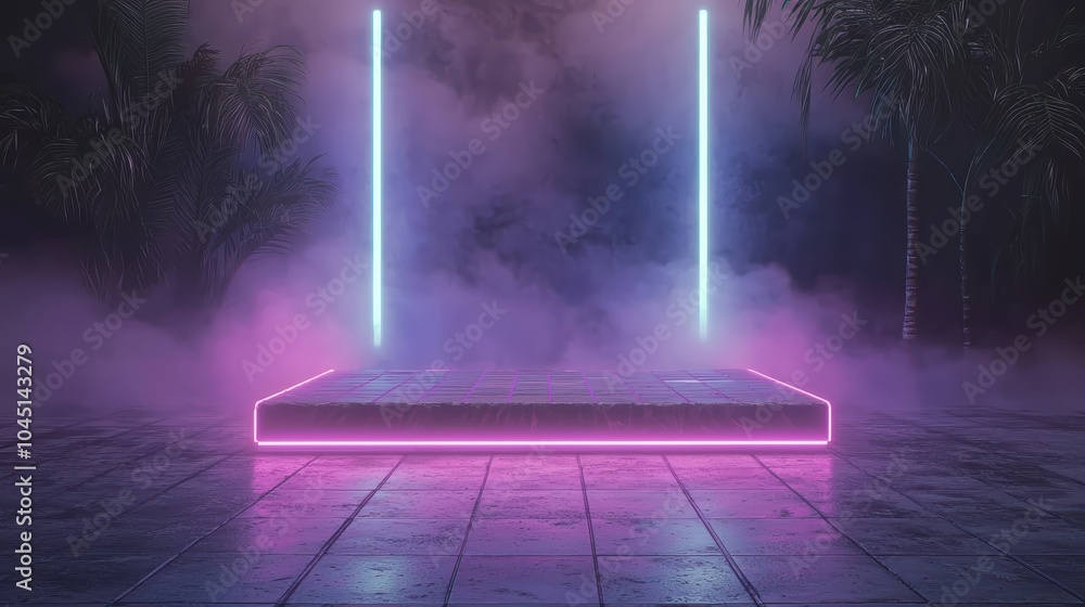 Aufkleber digital innovation showcase: futuristic cyber podium with glowing grids and data streams