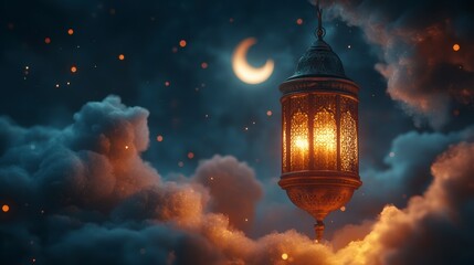Obraz premium Golden crescent moon and lanterns hanging in the sky with clouds at night, with Ramadan Kareem illustration design background