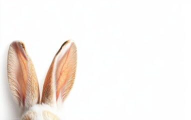 Obraz premium Easter: A white background with a single bunny ear peeking into the frame from the bottom. The top is blank for a fun Easter message. 