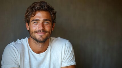 Obraz premium joyful portrait of a man in a casual white t-shirt, hands in pockets, radiating positivity with a bright smile, set against a neutral background