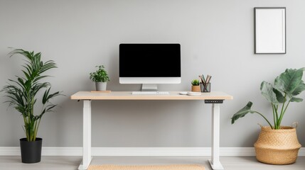 Modern Office Setup with Standing Desk and Large Monitor