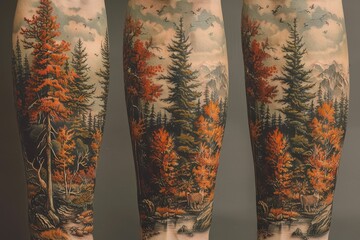 A full-sleeve tattoo depicting a forest scene with trees, mountains, and wildlife.
