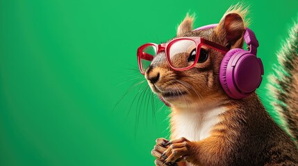 Naklejka premium Squirrel wearing glasses and headphones, isolated on a bright green background.