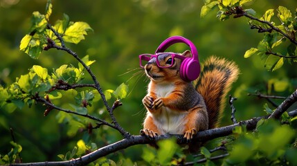 Fototapeta premium Squirrel wearing pink headphones on a tree branch with green leaves.