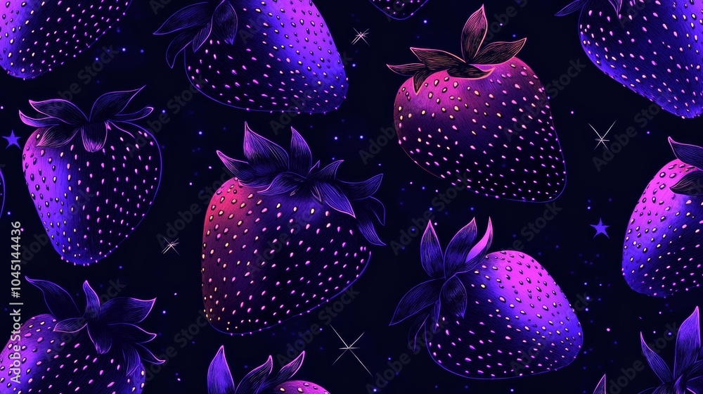 Poster seamless pattern of neon glowing strawberries floating in space