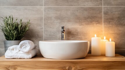 Fototapeta premium Cozy Bathroom with Wooden Accents and Soft Towels