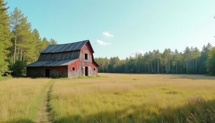 Obraz premium A serene rural scene with a rustic barn and tall grass