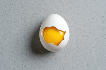 The image depicts a cracked brown eggshell with the yolk visible against a soft gray backdrop, symbolizing fragility and potential of new beginnings.