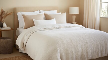Obraz premium Cozy Bedroom with Soft Lighting and Neutral Tones