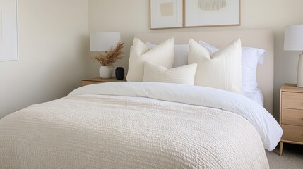 Obraz premium Cozy Bedroom with Soft Lighting and Neutral Tones