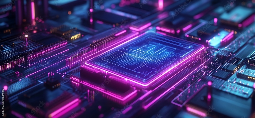 Poster close-up of a glowing blue and pink circuit board with a central processor.