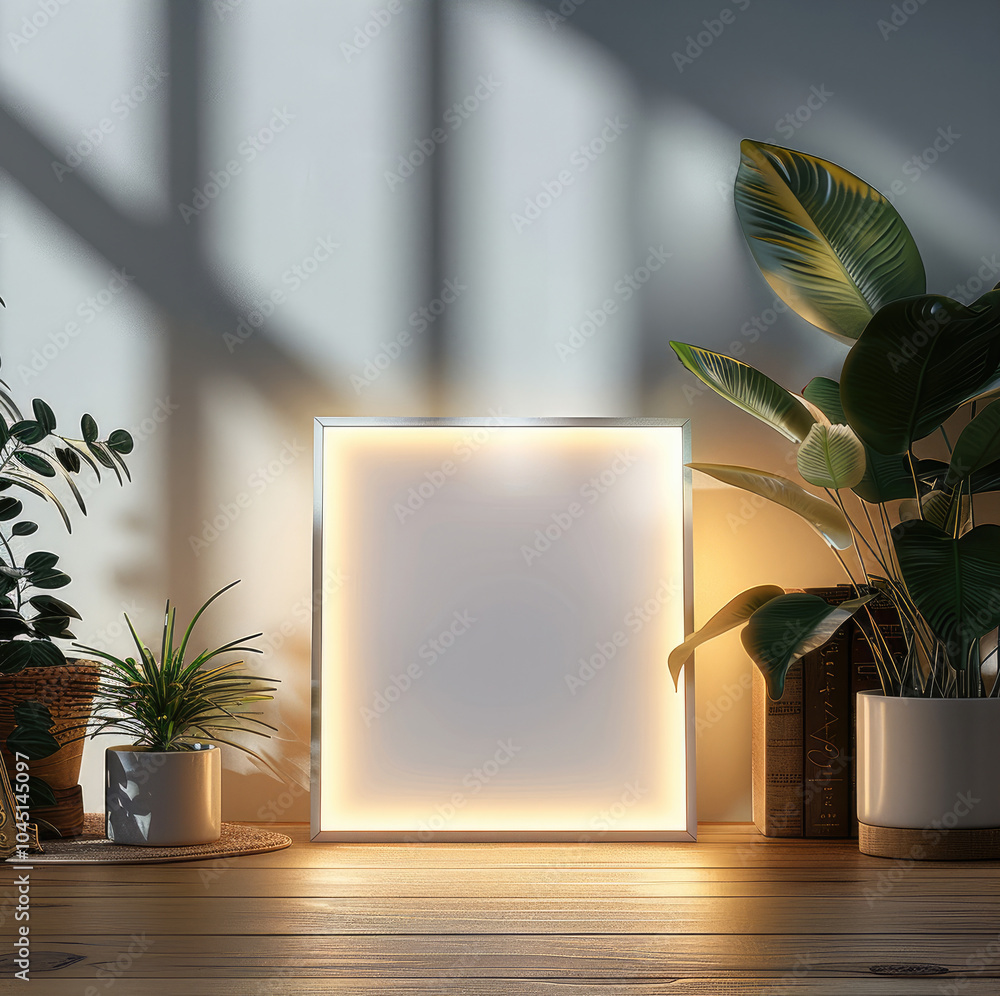 Aufkleber A square acrylic LED light mockup with white lighting and shadows, featuring a blank acrylic square on the front face of the lamp in a front view. a plain background color.